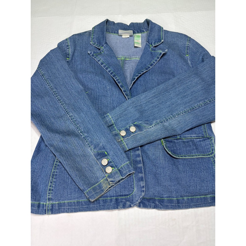 Bill Blass Jeanswear Denim Blazer Medium Wash Lime Green Contrast Stitching M